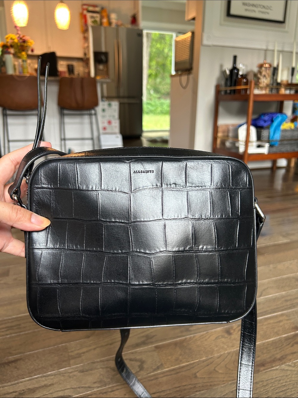 AllSaints Black Croc-Embossed Leather Messenger Crossbody